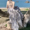MEIPIN24ss Blue Lin-dyed chiffon halter, floral backless long dress, floor-length dress, vacation dress design sense details Picture
